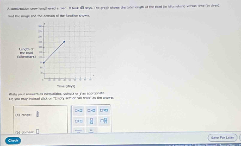 A construction crew lengthened a road. It took 40 days. The graph shows the total length of the road (in kilometers) versus time (in days). 
Find the range and the domain of the function shown. 
Write your answers as inequalities, using X or y as appropriate. 
Or, you may instead click on "Empty set" or "All reals" as the answer.
□ □ >□ □
(a) range: □
□ 2□  □ /□    □ /□  
(b) domain: ) 
Check Save For Later