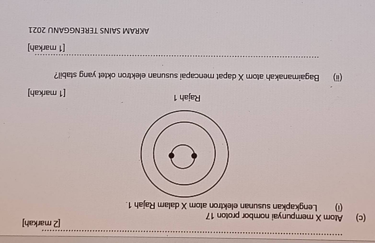 [2 markah] 
(c) Atom X mempunyai nombor proton 17
(i) Lengkapkan susunan elektron atom X dalam Rajah 1. 
Rajah 1 
[1 markah] 
(ii) Bagaimanakah atom X dapat mencapai susunan elektron oktet yang stabil? 
_ 
[1 markah] 
AKRAM SAINS TERENGGANU 2021