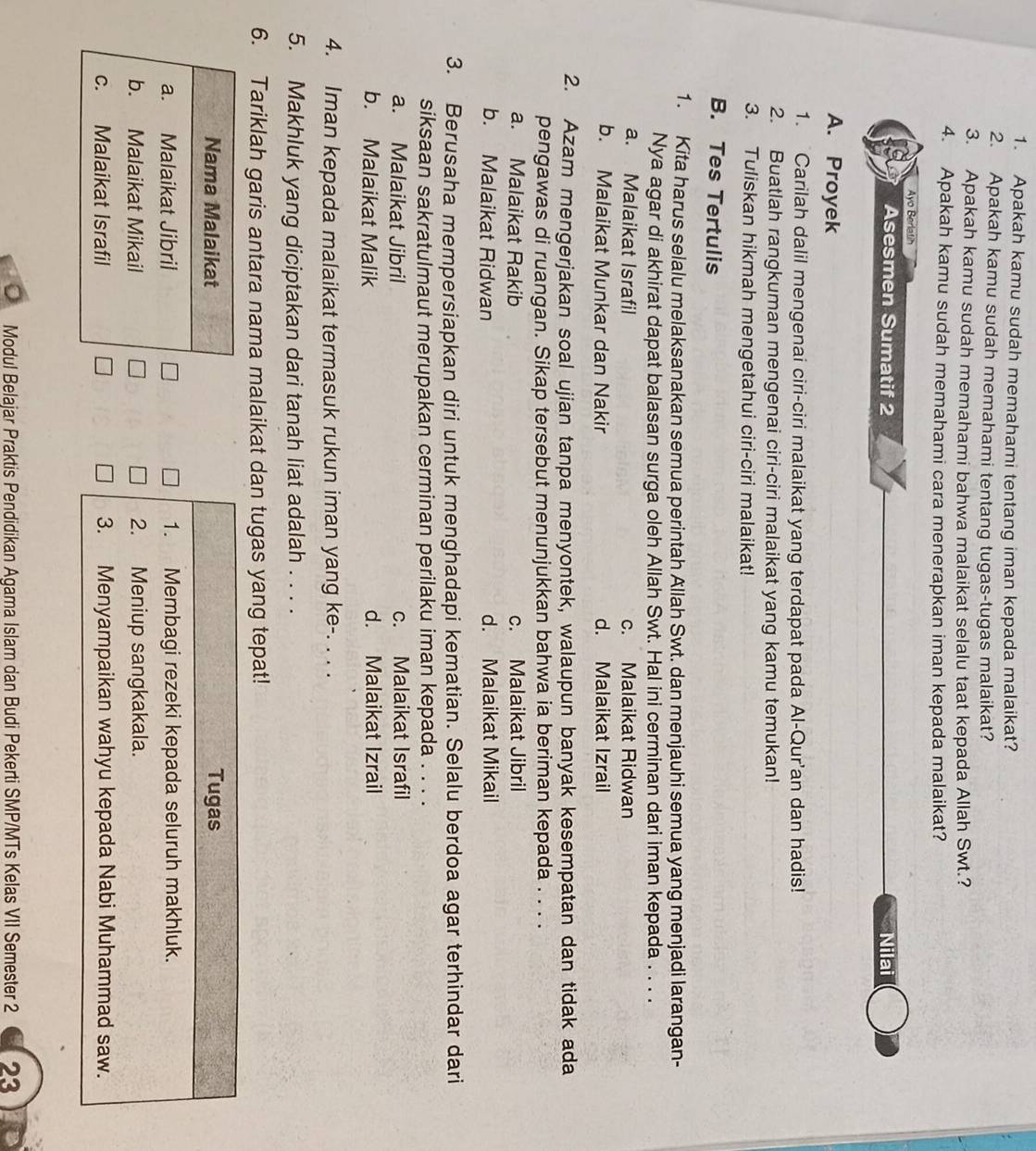 Apakah kamu sudah memahami tentang iman kepada malaikat?
2. Apakah kamu sudah memahami tentang tugas-tugas malaikat?
3. Apakah kamu sudah memahami bahwa malaikat selalu taat kepada Allah Swt.?
4. Apakah kamu sudah memahami cara menerapkan iman kepada malaikat?
Ayo Berlatih
Asesmen Sumatif 2 Nilai
A. Proyek
1. Carilah dalil mengenai ciri-ciri malaikat yang terdapat pada Al-Qur'an dan hadis!
2. Buatlah rangkuman mengenai ciri-ciri malaikat yang kamu temukan!
3. Tuliskan hikmah mengetahui ciri-ciri malaikat!
B. Tes Tertulis
1. Kita harus selalu melaksanakan semua perintah Allah Swt. dan menjauhi semua yang menjadi larangan-
Nya agar di akhirat dapat balasan surga oleh Allah Swt. Hal ini cerminan dari iman kepada . . . .
a. Malaikat Israfil c. Malaikat Ridwan
b. Malaikat Munkar dan Nakir d. Malaikat Izrail
2. Azam mengerjakan soal ujian tanpa menyontek, walaupun banyak kesempatan dan tidak ada
pengawas di ruangan. Sikap tersebut menunjukkan bahwa ia beriman kepada . . . .
a. Malaikat Rakib c. Malaikat Jibril
b. Malaikat Ridwan d. Malaikat Mikail
3. Berusaha mempersiapkan diri untuk menghadapi kematian. Selalu berdoa agar terhindar dari
siksaan sakratulmaut merupakan cerminan perilaku iman kepada . . . .
a. Malaikat Jibril c. Malaikat Israfil
b. Malaikat Malik d. Malaikat Izrail
4. Iman kepada malaikat termasuk rukun iman yang ke-. . . .
5. Makhluk yang diciptakan dari tanah liat adalah . . . .
6. Tariklah garis antara nama malaikat dan tugas yang tepat!
 
 
 
Modul Belajar Praktis Pendidikan Agama Islam dan Budi Pekerti SMP/MTs Kelas VII Semester 2 23