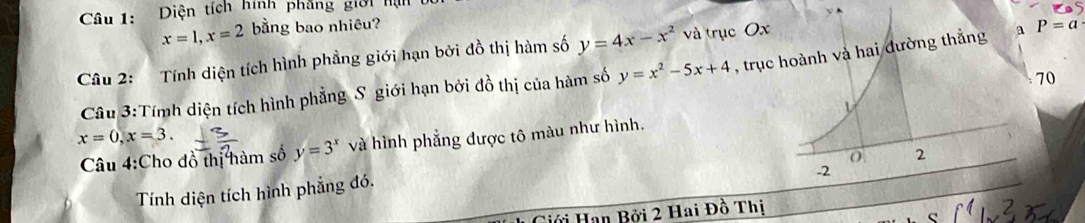 Diện tích hình phẳng giới hạn
x=1, x=2 bằng bao nhiêu? 
Câu 2: Tính diện tích hình phẳng giới hạn bởi đồ thị hàm số y=4x-x^2 và trục Ox
Câu 3:Tímh diện tích hình phẳng S giới hạn bởi đồ thị của hàm số y=x^2-5x+4 , trục hoành và hai đường thắng a P=a
70
x=0, x=3. 
Câu 4:Cho đồ thị hàm số y=3^x và hình phẳng được tô màu như hình. V
0 2. 2
Tính diện tích hình phẳng đó. 
Giới Hạn Bởi 2 Hai Đồ Thị