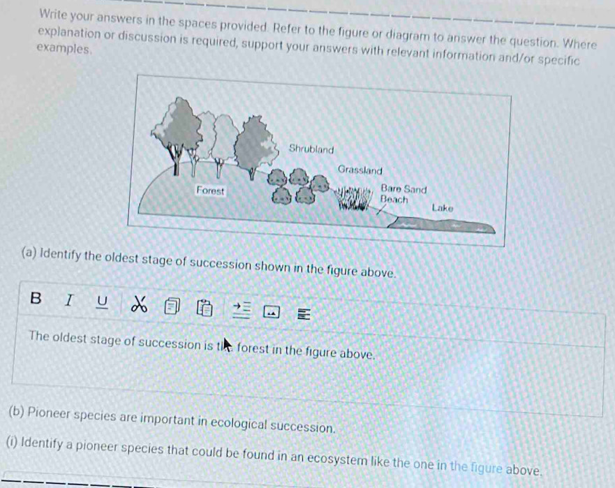 Write your answers in the spaces provided. Refer to the figure or diagram to answer the question. Where 
explanation or discussion is required, support your answers with relevant information and/or specific 
examples. 
(a) Identify the oldest stage of succession shown in the figure above. 
B I U 
The oldest stage of succession is the forest in the figure above. 
(b) Pioneer species are important in ecological succession. 
(i) Identify a pioneer species that could be found in an ecosystem like the one in the figure above.