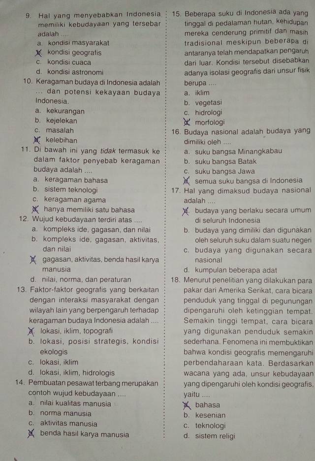 Hal yang menyebabkan Indonesia 15. Beberapa suku di Indonesia ada yang
memiliki kebudayaan yang tersebar tinggal di pedalaman hutan, kehidupan
adalah mereka cenderung primitif dan masih
a. kondisi masyarakat tradisional meskipun beberapa di
kondisi geografis antaranya telah mendapatkan pengaruh
c. kondisi cuaca dari luar. Kondisi tersebut disebabkan
d. kondisi astronomi
adanya isolasi geografis dari unsur fisik
10. Keragaman budaya di Indonesia adalah berupa ....
... dan potensi kekayaan budaya a. iklim
Indonesia. b. vegetasi
a. kekurangan c. hidrologi
b. kejelekan morfologi
c. masalah 16. Budaya nasional adalah budaya yang
kelebihan dimiliki oleh ....
11. Di bawah ini yang tidak termasuk ke a. suku bangsa Minangkabau
dalam faktor penyebab keragaman b. suku bangsa Batak
budaya adalah .... c. suku bangsa Jawa
a. keragaman bahasa semua suku bangsa di Indonesia
b. sistem teknologi 17. Hal yang dimaksud budaya nasional
c. keragaman agama adalah ....
hanya memiliki satu bahasa budaya yang berlaku secara umum
12. Wujud kebudayaan terdiri atas .... di seluruh Indonesia
a. kompleks ide, gagasan, dan nilai b. budaya yang dimiliki dan digunakan
b. kompleks ide, gagasan, aktivitas, oleh seluruh suku dalam suatu negeri
dan nilai c. budaya yang digunakan secara
gagasan, aktivitas, benda hasil karya nasional
manusia d. kumpulan beberapa adat
d. nilai, norma, dan peraturan 18. Menurut penelitian yang dilakukan para
13. Faktor-faktor geografis yang berkaitan pakar dari Amerika Serikat, cara bicara
dengan interaksi masyarakat dengan penduduk yang tinggal di pegunungan
wilayah lain yang berpengaruh terhadap dipengaruhi oleh ketinggian tempat.
keragaman budaya Indonesia adalah .... Semakin tinggi tempat, cara bicara
C lokasi, iklim, topografi yang digunakan penduduk semakin
b. Iokasi, posisi strategis, kondisi sederhana. Fenomena ini membuktikan
ekologis bahwa kondisi geografis memengaruhi
c. lokasi, iklim perbendaharaan kata. Berdasarkan
d. lokasi, iklim, hidrologis wacana yang ada, unsur kebudayaan
14. Pembuatan pesawat terbang merupakan yang dipengaruhi oleh kondisi geografis,
contoh wujud kebudayaan .... yaitu ....
a. nilai kualitas manusia bahasa
A
b. norma manusia b. kesenian
c. aktivitas manusia c. teknologi
benda hasil karya manusia d. sistem religi