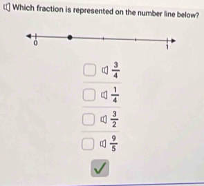 Which fraction is represented on the number line below?
 3/4 
 1/4 
 3/2 
 9/5 