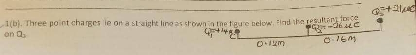 1(b). Three point charges lie on a straight line as shown in the figure below. Find the resultant force 
on Q_3,