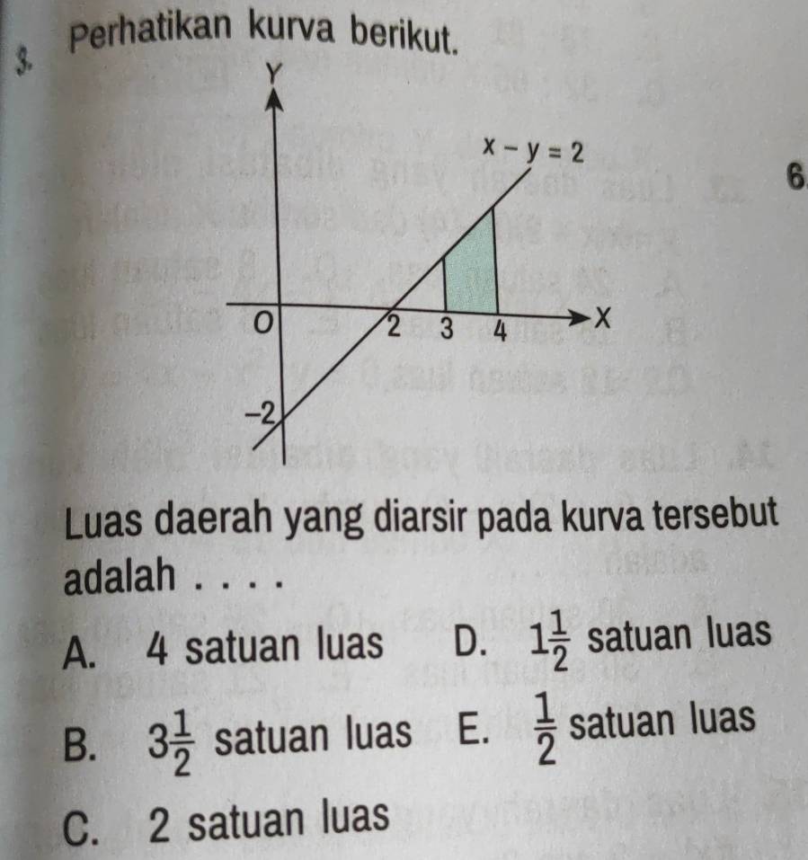 Perhatikan kurva berikut.
6
Luas daerah yang diarsir pada kurva tersebut
adalah . . . .
A. 4 satuan luas D. 1 1/2  satuan luas
B. 3 1/2  satuan luas E.  1/2  satuan luas
C. 2 satuan luas