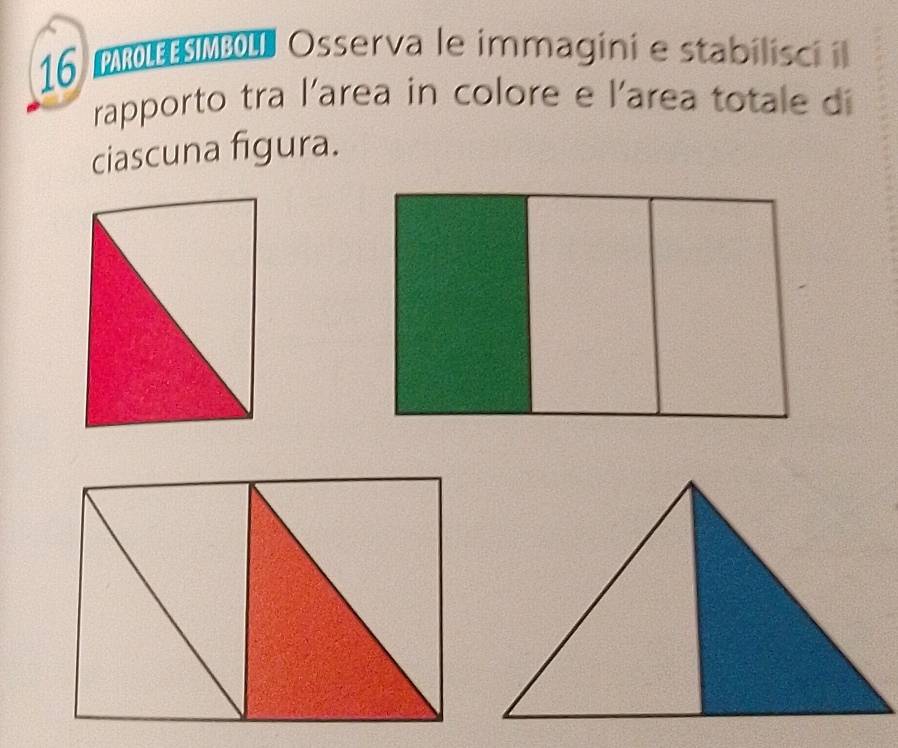 MLMBL Osserva le immagini e stabilisci i 
rapporto tra l'area in colore e l'area totale di 
ciascuna figura.