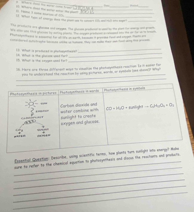 Where does the water come from?
_
Dats Perind
_
10. Where does the water enter the plant?_
11. Name 3 some sources of CO:_
12. What type of energy does the plant use to convert CO_1 and H_2O into sugar?_
The products are glucose and oxygen. The glucose produced is used by the plant for energy and growth
We also use this glucose by eating plants. The axygen produced is released into the air for us to breath
Photosynthesis is essential for all life on earth, because it provides food and oxygen. Plants are
considered autotrophs because unlike us humans, they can make their own food using this process.
13. What is produced in photosynthesis?
_
14. What is the glucose used for?
_
15. What is the oxygen used for?
_
16. Here are three different ways to visualize the photosynthesis reaction: Is it easier for
_
you to understand the reaction by using pictures, words, or symbols (see above)? Why?
Essential Question: Describe, using scientific
_
_sure to refer to the chemical equation to photosynthesis and discus the reactants and prod
_
_
_
_