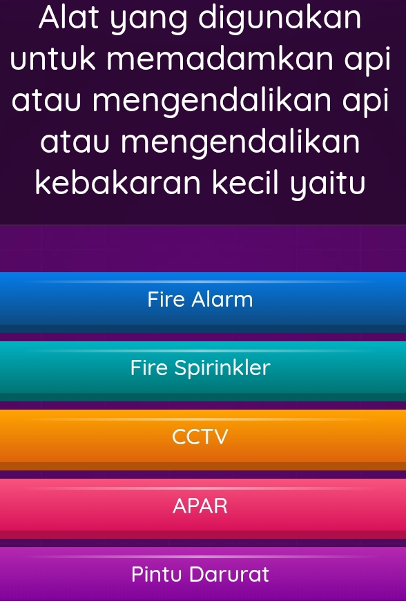 Alat yang digunakan
untuk memadamkan api
atau mengendalikan api
atau mengendalikan
kebakaran kecil yaitu
Fire Alarm
Fire Spirinkler
CCTV
APAR
Pintu Darurat