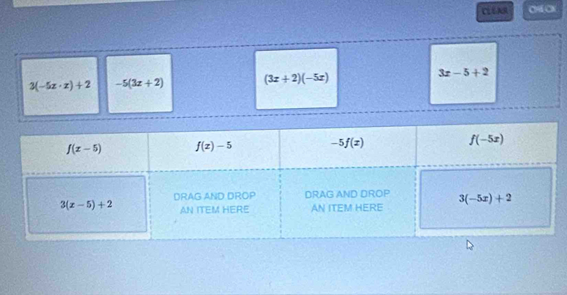 CLLAR CHE CN
3(-5x· x)+2 -5(3x+2)
(3x+2)(-5x)
3x-5+2