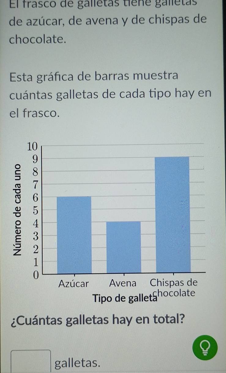 El frasco de gallétas tiêne galletas 
de azúcar, de avena y de chispas de 
chocolate. 
Esta gráfica de barras muestra 
cuántas galletas de cada tipo hay en 
el frasco. 
¿Cuántas galletas hay en total? 
galletas.