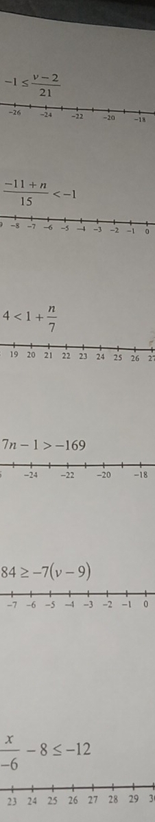 -1≤  (v-2)/21 
-26 -24 -22 -20 -18
 (-11+n)/15 
4<1+ n/7 
27
7n-1>-169
84≥ -7(v-9)
-7 -6 -5 -1 -3 -2 -1 0
 x/-6 -8≤ -12
3