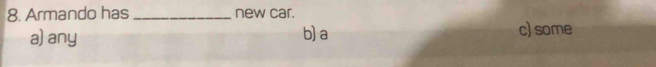 Armando has _new car.
a) any b)a c) some
