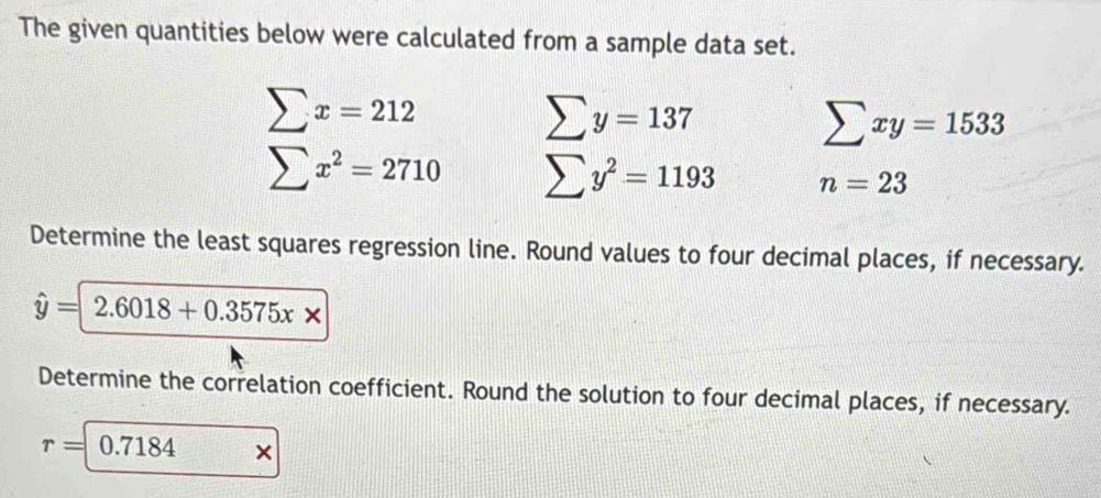 The given quantities below were calculated from a sample data set.
sumlimits x=212
sumlimits y=137
sumlimits xy=1533
sumlimits x^2=2710 sumlimits y^2=1193 n=23
Determine the least squares regression line. Round values to four decimal places, if necessary.
hat y=2.6018+0.3575x*
Determine the correlation coefficient. Round the solution to four decimal places, if necessary.
r=0.7184 ×