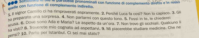 ●●● Sottolned in dlu le particelle pronominali con funzione di complemento diretto e in rosso 
5. quelle con funzione di complemento indiretto. 
1. Il signor Camillo ci ha rimproverati aspramente. 2. Perché Luca fa così? Non lo capisco. 3. Gli 
ho preparato una sorpresa. 4. Non parlarmi con questo tono. 5. Fossi in te, le chiederei 
scusa, 6. Dove sono Ada e Maria? Le aspetto da un'ora. 7. Non trovo gli occhiali. Qualcuno li 
ha visti? 8. Troverete mio cognato ad aspettarvi. 9. Mi piacerebbe studiare medicina. Che ne 
bensi? 10. Parto per Istanbul. Ci sei mai stato?