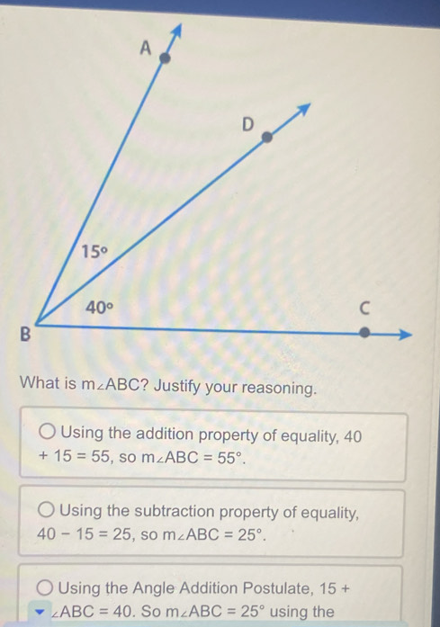 Solved: What is m∠ ABC ? Justify your reasoning. Using the addition ...