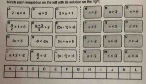 Match each inequation on the left with its solution on the right.
A 8 C M to o
2-n>4 π >3 3>n+1 i n>2 n>3 n>4
D
P a R
 n/2 +1>0  (n+2)/3 >2 2(n-1)>-8 n<2</tex> n<3</tex> n<4</tex> 
34
U
3n>6 -6 3n>n+6 n>-2 n>-3 n>-4
w
n+2>-2  n/2  -(n-1)>-3 n n n