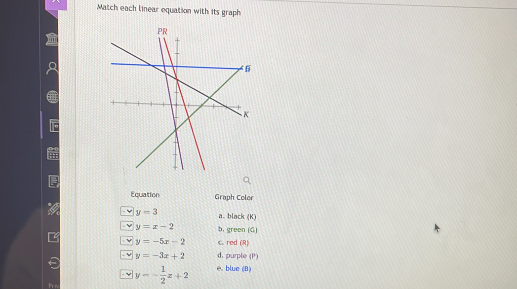 Match each linear equation with its graph 
Equation Graph Color
y=3
a. black (K) 
- v y=x-2 b. green (G)
y=-5x-2 c. red (R)
y=-3x+2 d. purple (P) 
overline _  y=- 1/2 x+2 e. blue (B) 
Prn