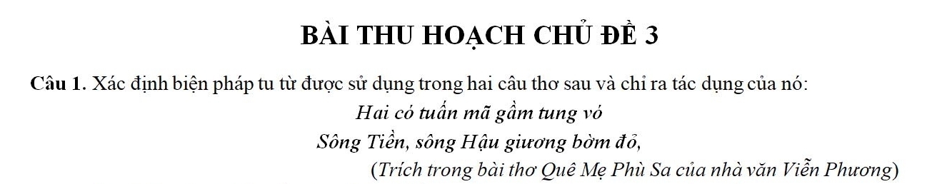 BàI THU HOạCH CHủ ĐÊ 3 
Câu 1. Xác định biện pháp tu từ được sử dụng trong hai câu thơ sau và chỉ ra tác dụng của nó: 
Hai có tuấn mã gầm tung vỏ 
Sông Tiền, sông Hậu giương bờm đổ, 
(Trích trong bài thơ Quê Mẹ Phù Sa của nhà văn Viễn Phương)