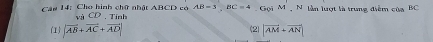 Cậu 14: Cho hình chữ nhật ABCD có . Tính AB=3, BC=4 Gội M N. lần lượt là trung điễm của BC
CD
() |vector AB+vector AC+vector AD| (2) |overline AM+overline AN|