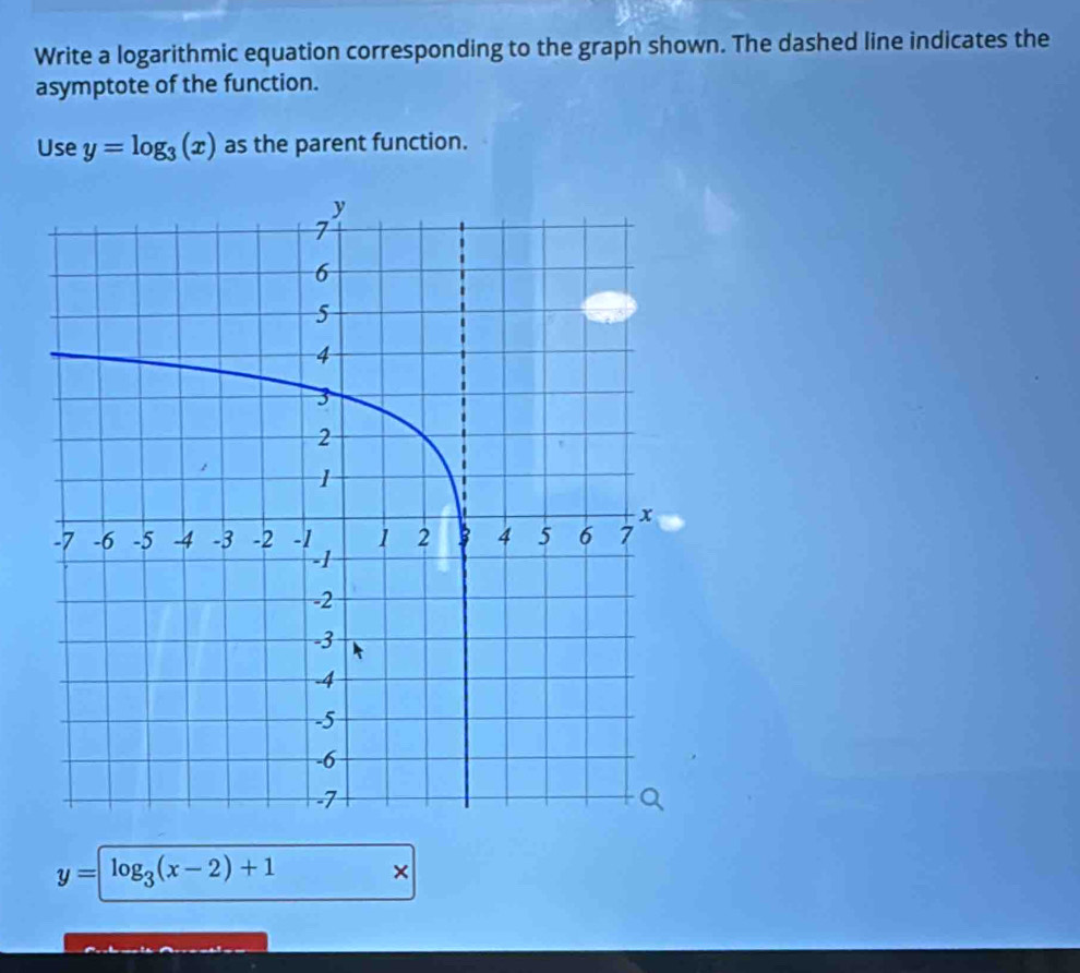 Write a logarithmic equation corresponding to the graph shown. The dashed line indicates the
asymptote of the function.
Use y=log _3(x) as the parent function.
y=log _3(x-2)+1 ×