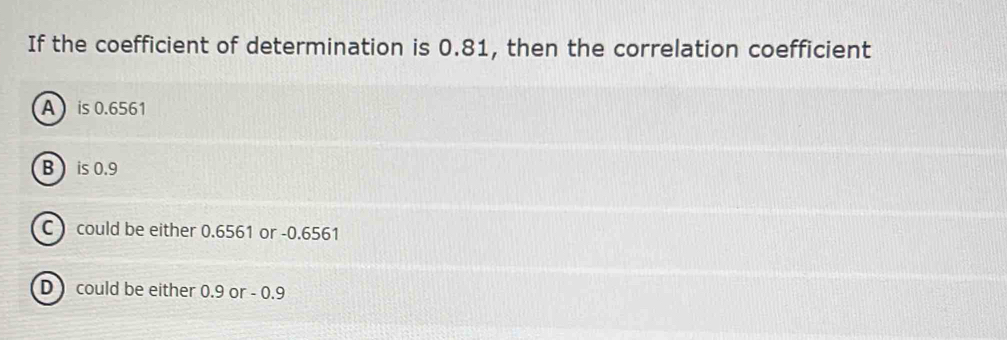 If the coefficient of determination is 0.81, then the correlation coefficient
A is 0.6561
B  is 0.9
C could be either 0.6561 or -0.6561
D could be either 0.9 or - 0.9