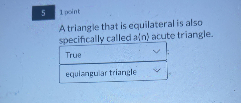 5 1 point
A triangle that is equilateral is also
specifically called a(n) acute triangle.
True
.
equiangular triangle