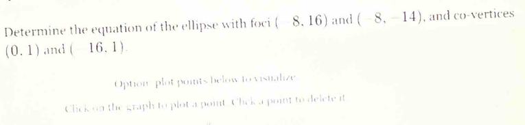 Determine the equation of the ellipse with foci (8,16) and (-8,-14) , and co-vertices
(0.1) and (16,1). 
Option-plot points below to visualize 
Click on the graph to plot a point. Click a point to delete it