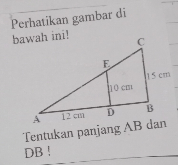 Perhatikan gambar di 
Tentukan panjang AB dan
DB!