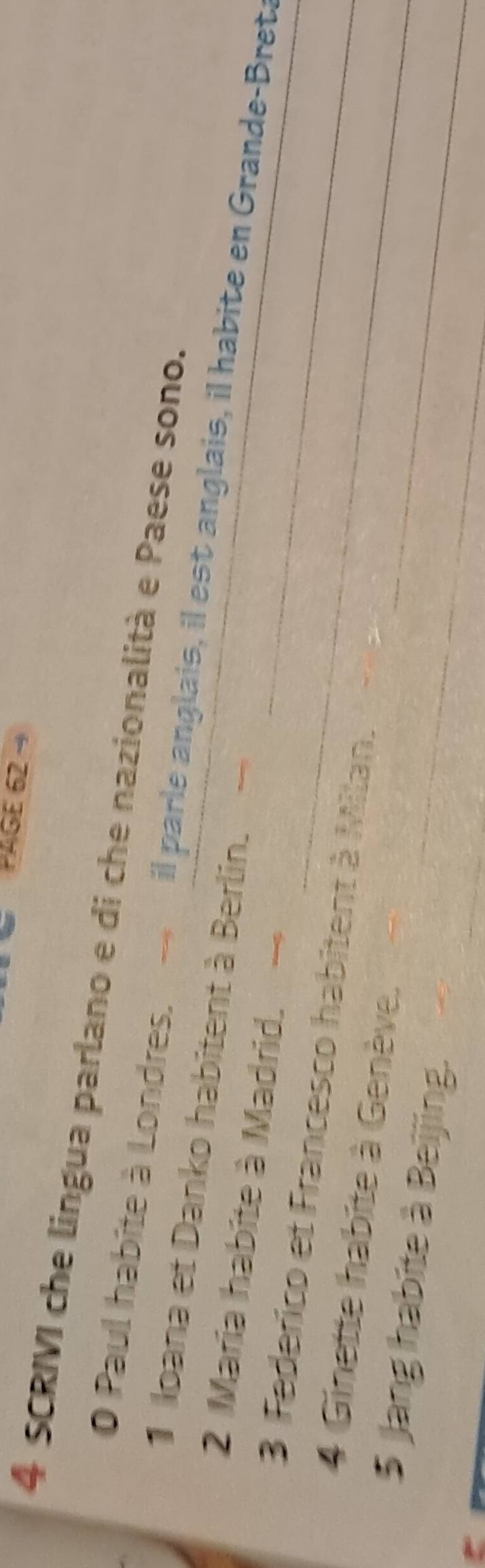PAGE 62 ~ 
4 SCRIVI che lingua parlano e di che nazionalità e Paese sono. 
O Paul habite à Londres, il parle anglais, il est anglais, il habite en Grande-Breta 
1 Joana et Danko habitent à Berlin. 
2 Maria habite à Madrid. 
3 Federico et Francesco habitent à Milan. 
4 Ginette habite à Genève. 
_ 
5 Jang habite à Beijing._ 
_