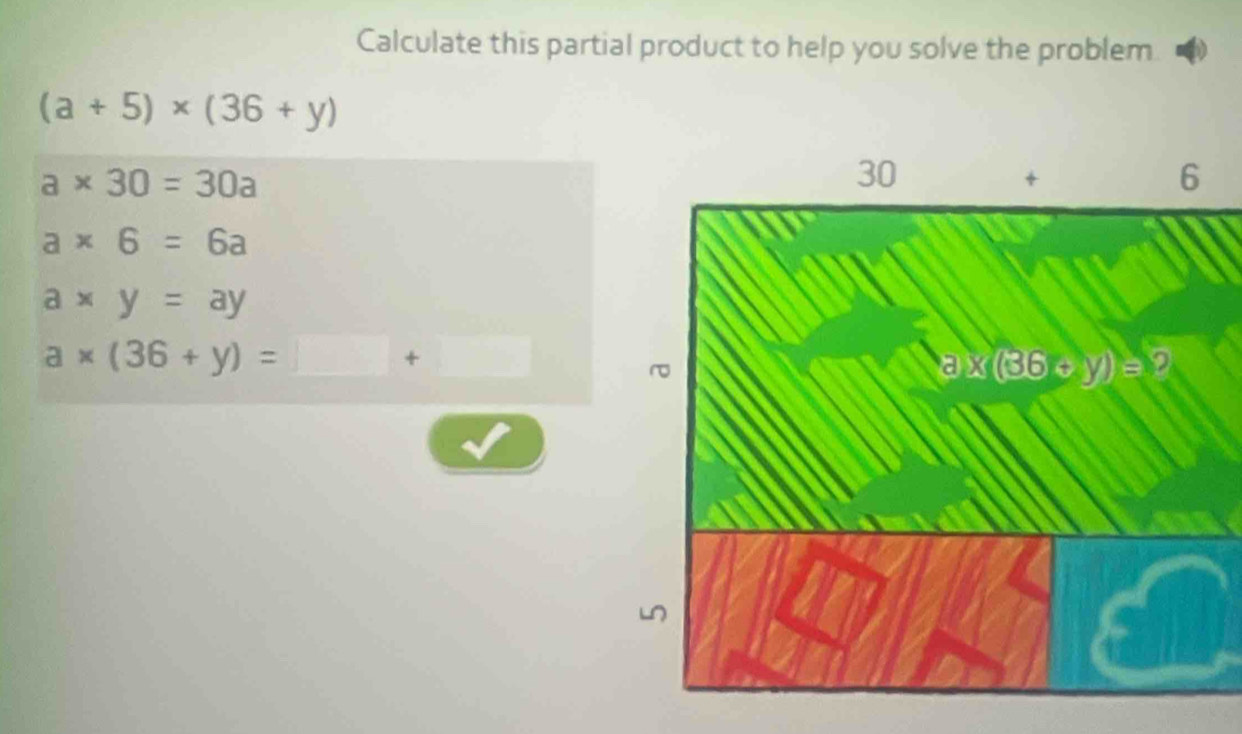 Calculate this partial product to help you solve the problem
(a+5)* (36+y)
a* 30=30a
a* 6=6a
a* y=ay
a* (36+y)=□ +□