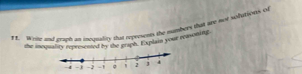 Write and graph an inequality that represents the numbers that are not solutions of 
the inequality represented by the graph. Explain your reusoning.