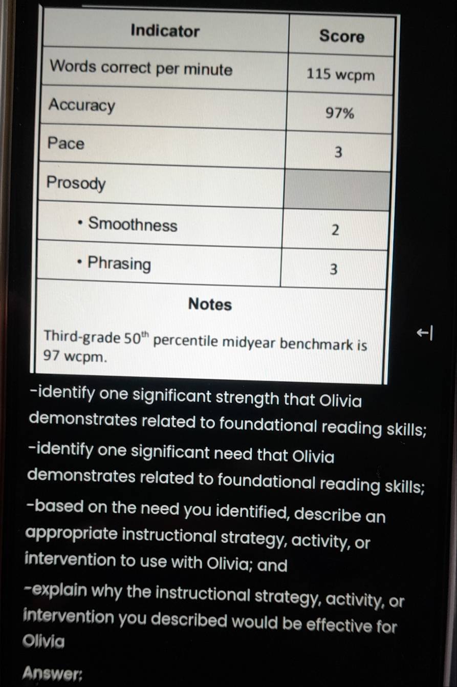 tes related to foundational reading skills;
-identify one significant need that Olivia
demonstrates related to foundational reading skills;
-based on the need you identified, describe an
appropriate instructional strategy, activity, or
intervention to use with Olivia; and
-explain why the instructional strategy, activity, or
intervention you described would be effective for
Olivia
Answer: