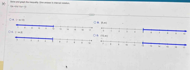 Solve and graph the inequality. Give answer in interval notation.
12x+8≤ 11x+13
B. [5,∈fty )