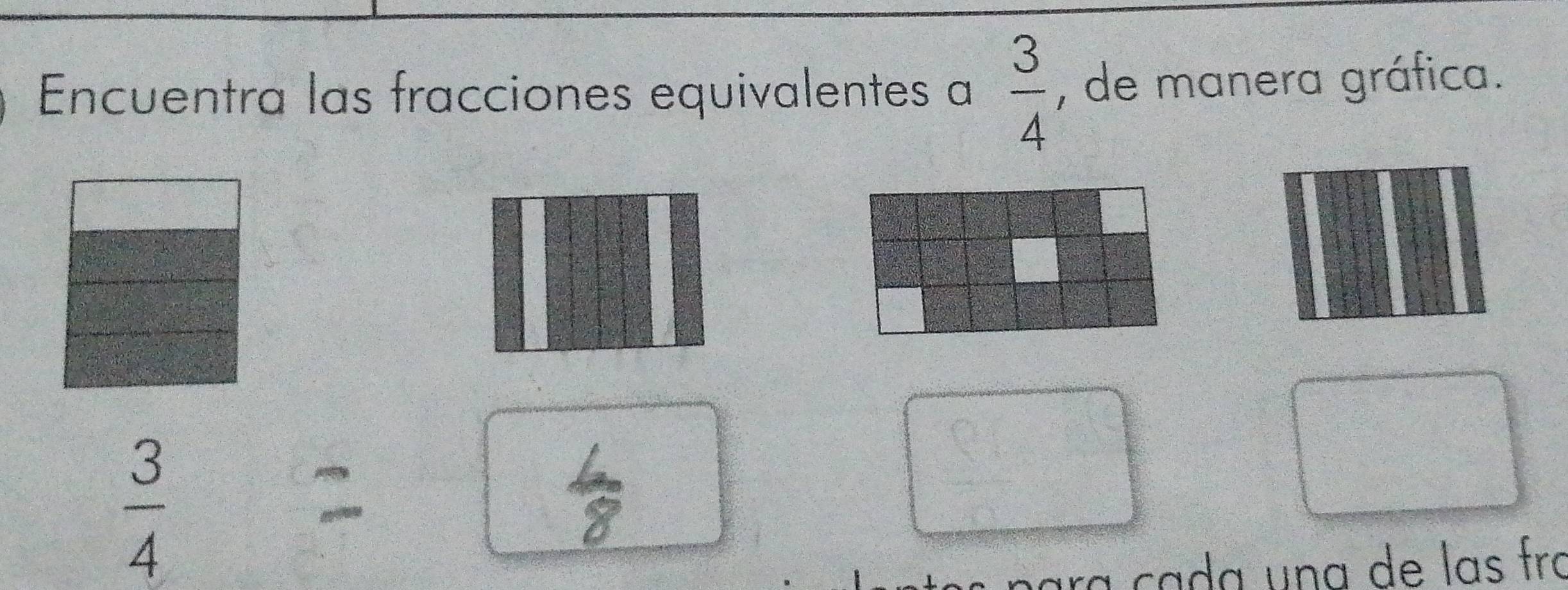 Encuentra las fracciones equivalentes a  3/4  , de manera gráfica.
 3/4 
cada una de las frɑ