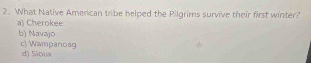 What Native American tribe helped the Pilgrims survive their first winter?
a) Cherokee
b) Navajo
c) Wampanoag
d) Sioux