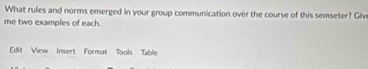 What rules and norms emerged in your group communication over the course of this semseter? Give 
me two examples of each. 
Edit View Insert Format Tools Table