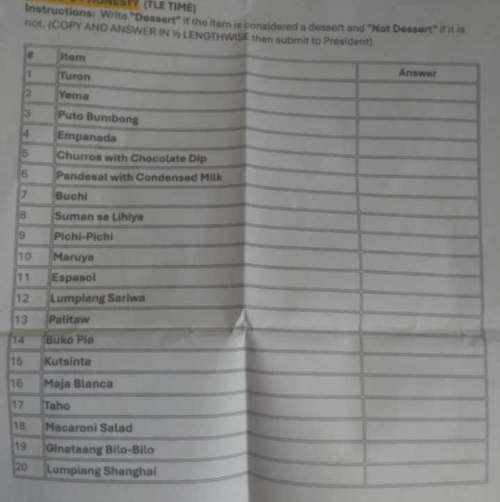 TUNESTY (TLE TIME) 
Instructions: Write "Dessert" if the itern is considered a dessert and "Not Dessert" if it is 
not. (COPY AND ANSWER 
]
6
7
8
9
1
1
1
1
14
15
16
17
18
1
2