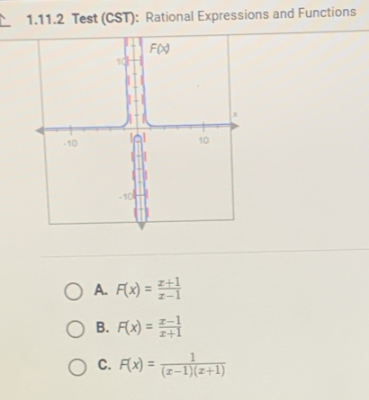 Test (CST): Rational Expressions and Functions
A. F(x)= (x+1)/x-1 
B. F(x)= (x-1)/x+1 
C. F(x)= 1/(x-1)(x+1) 