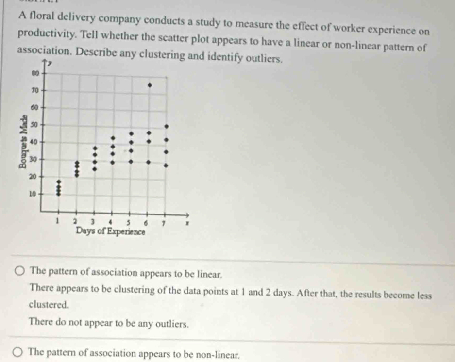 A floral delivery company conducts a study to measure the effect of worker experience on
productivity. Tell whether the scatter plot appears to have a linear or non-linear pattern of
association. Describe any clustering and identify outliers.
The pattern of association appears to be linear.
There appears to be clustering of the data points at 1 and 2 days. After that, the results become less
clustered.
There do not appear to be any outliers.
The pattern of association appears to be non-linear.