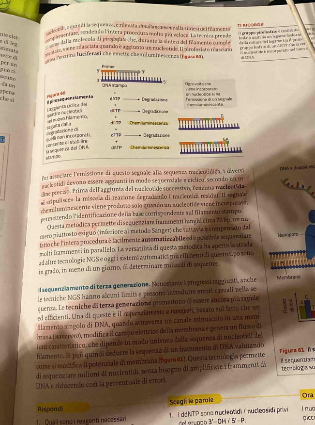 eucleotidi, e quindi la sequenza, è rilevata simultancamente alla sintesi del filamento TI RICORDI? lue ?
remplementare, rendendo l'intera procedura molto più veloce. La tecnica prende
Il gruppo pirofosfato è costituito
nte elet
fosfato uniti da un legame fosfoan
f
e di leg
nome dalla molecola di pirofosfato che, durante la sintesi del filamento comple dalla rottura del legame tra il primo Vico
atizzata
mentare, viene rilasciata quando è aggiunto un nucleotide. Il pirofosfato rilasciato gruppo fosfato di un dNTP che sí ver
il nucleotide e incorporato nel nuovo
nette di di DNA.
attiva l'enzima Iuçiferasi che emette chemiluminescenza (figura 60)
per un
Primer
5 3'
può rì 3
m
scuno
5
da un DNA stampo Ogni volta che
ppena
viene incorporato
Figura 60
un nucleotide si ha
che si Degradazione l'emissione di un segnale
chemiluminescente.
quattro nucleotidi L'aggiunta cíclica dei Il pirosequenzíamento
dATP
dCTP _  Degradazione
nel nuovo filamento,
G
T degradazione di seguita dalla
dGTP Chemiluminescenza    -
+
GA
la sequenza del DNA consente di stabilire quelli non incorporati, dTTP _* Degradazione
dATP Chemiluminescenza
stampo
Per associare l’emissione di questo segnale alla sequenza nucleotidica, i diversi
nucleotidi devono essere aggiunti in modo sequenziale e ciclico, secondo un or DNA a doppia eli
dine preciso. Prima dell’aggiunta del nucleotide successivo, l'enzima nucleotida-
si «ripulisce» la miscela di reazione degradando i nucleotidi residui. Il segnale
chemiluminescente viene prodotto solo quando un nucleotide viene incorporato;
permettendo l’identificazione della base corrispondente sul filamento stampo.
Questa metodica permette di sequenziare frammenti lunghi circa 70 bp, un nu-
mero piuttosto esiguo (inferiore al metodo Sanger) che tuttavia è compensato dal
fatto che l'intera procedura è facilmente automatizzabile ed è possibile sequenziare Nanoporo  
molti frammenti in parallelo. La versatilità di questa metodica ha aperto la strada
ad altre tecnologie NGS e oggi i sistemi automatici più efficienti di questo tipo sono
in grado, in meno di un giorno, di determinare miliardi di sequenze.
Il sequenziamento di terza generazione. Nonostante i progressi raggiunti, anche Membrana
le tecniche NGS hanno alcuni limiti e possono introdurre errori casuali nella se-
quenza. Le tecniche di terza generazione promettono di essere ancora più rapide C
ed efficienti. Una di queste è il sequenziamento a nanopori, basato sul fatto che un ζ 。 A
filamento singolo di DNA, quando attraversa un canale minuscolo in una mem-
brana (nañopørø), modifica il campo elettrico della membrana e genera un flusso di
ioni caratteristico, che dipende in modo univoco dalla sequenza di nucleotidi del
filamento. Si può quindi dedurre la sequenza di un frammento di DNA valutando
come si modifica il potenziale di membrana (figura 61). Questa tecnologia permette Figura 61 II s
di sequenziare milioni di nucleotidi, senza bisogno di amplificare i frammenti di Il sequenziam tecnologia so
DNA e riducendo così la percentuale di errori.
Rispondi Scegli le parole Ora
1. Quali sono i reagenti necessari 1. I ddNTP sono nucleotidi / nucleosidi privi l nuc
gr unno 3'-OH/5'-P. picc