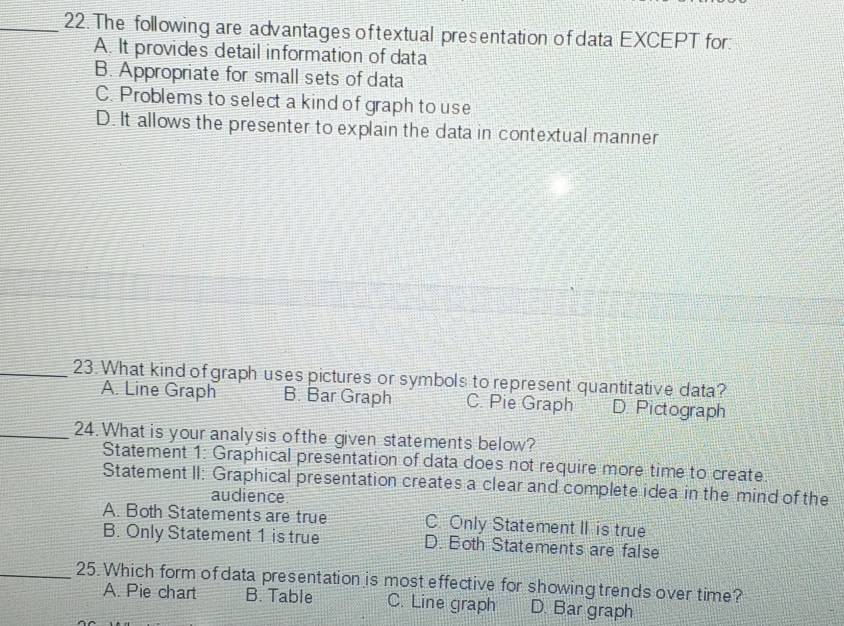 The following are advantages of textual presentation of data EXCEPT for:
A. It provides detail information of data
B. Appropriate for small sets of data
C. Problems to select a kind of graph to use
D. It allows the presenter to explain the data in contextual manner
_23. What kind of graph uses pictures or symbols to represent quantitative data?
A. Line Graph B. Bar Graph C. Pie Graph D. Pictograph
_24. What is your analysis ofthe given statements below?
Statement 1: Graphical presentation of data does not require more time to create.
Statement II: Graphical presentation creates a clear and complete idea in the mind of the
audience
A. Both Statements are true C. Only Statement II is true
B. Only Statement 1 is true D. Both Statements are false
_25. Which form of data presentation is most effective for showing trends over time?
A. Pie chart B. Table C. Line graph D. Bar graph