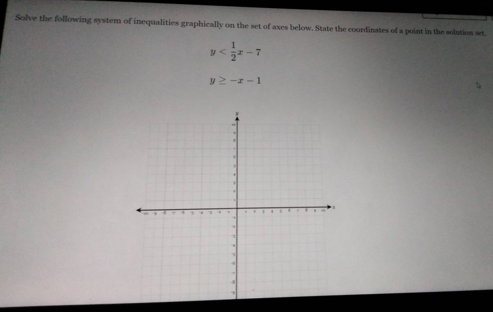 Solve the following system of inequalities graphically on the set of axes below. State the coordinates of a point in the solution set.
y
y≥ -x-1