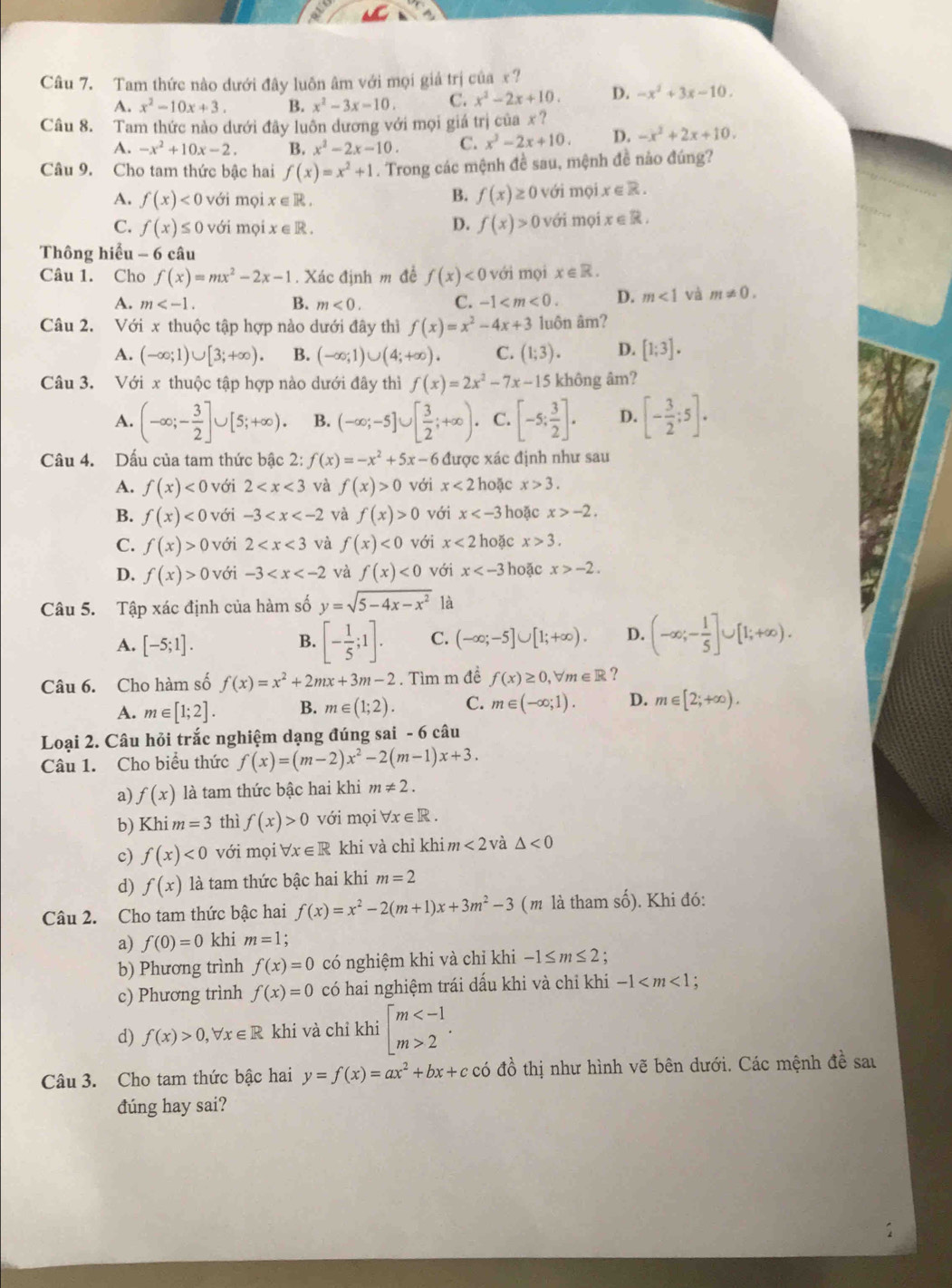 Tam thức nào dưới đây luôn âm với mọi giả trị của x?
A. x^2-10x+3. B. x^2-3x-10. C. x^2-2x+10. D. -x^2+3x-10.
Câu 8. Tam thức nào dưới đây luôn dương với mọi giá trị của x?
A. -x^2+10x-2. B. x^2-2x-10. C. x^2-2x+10. D. -x^2+2x+10.
Câu 9. Cho tam thức bậc hai f(x)=x^2+1. Trong các mệnh đề sau, mệnh đề nảo đúng?
B. f(x)≥ 0
A. f(x)<0</tex> với mọi x∈ R. với mội x ∈R .
D. f(x)>0
C. f(x)≤ 0 với mọi x∈ R. với mọi x∈ R
Thông hiểu - 6 câu
Câu 1. Cho f(x)=mx^2-2x-1. Xác định m đề f(x)<0</tex> với mọi x∈ R.
A. m B. m<0. C. -1 D. m<1</tex> và m!= 0.
Câu 2. Với x thuộc tập hợp nào dưới đây thì f(x)=x^2-4x+3 luôn âm?
A. (-∈fty ;1)∪ [3;+∈fty ). B. (-∈fty ;1)∪ (4;+∈fty ). C. (1;3). D. [1;3].
Câu 3. Với x thuộc tập hợp nào dưới đây thì f(x)=2x^2-7x-15 không âm?
A. (-∈fty ;- 3/2 ]∪ [5;+∈fty ). B. (-∈fty ;-5]∪ [ 3/2 ;+∈fty ). C. [-5; 3/2 ]. D. [- 3/2 ;5].
Câu 4. Dấu của tam thức bậc 2: f(x)=-x^2+5x-6 được xác định như sau
A. f(x)<0</tex> với 2 và f(x)>0 với x<2</tex> hoặc x>3.
B. f(x)<0</tex> với -3 và f(x)>0 với x hoặc x>-2.
C. f(x)>0 với 2 và f(x)<0</tex> với x<2</tex> hoặc x>3.
D. f(x)>0 với -3 và f(x)<0</tex> với x hoặc x>-2.
Câu 5. Tập xác định của hàm số y=sqrt(5-4x-x^2) là
A. [-5;1].
B. [- 1/5 ;1]. C. (-∈fty ;-5]∪ [1;+∈fty ). D. (-∈fty ;- 1/5 ]∪ [1;+∈fty ).
Câu 6. Cho hàm số f(x)=x^2+2mx+3m-2. Tìm m đề f(x)≥ 0,forall m∈ R ?
A. m∈ [1;2]. B. m∈ (1;2). C. m∈ (-∈fty ;1). D. m∈ [2;+∈fty ).
Loại 2. Câu hỏi trắc nghiệm dạng đúng sai - 6 câu
Câu 1. Cho biểu thức f(x)=(m-2)x^2-2(m-1)x+3.
a) f(x) là tam thức bậc hai khi m!= 2.
b) Khi m=3 thì f(x)>0 với mọi forall x∈ R.
c) f(x)<0</tex> với mọi forall x∈ R khi và chỉ khi m<2</tex> và △ <0</tex>
d) f(x) là tam thức bậc hai khi m=2
Câu 2. Cho tam thức bậc hai f(x)=x^2-2(m+1)x+3m^2-3 (m là tham số). Khi đó:
a) f(0)=0 khi m=1
b) Phương trình f(x)=0 có nghiệm khi và chỉ khi -1≤ m≤ 2
c) Phương trình f(x)=0 có hai nghiệm trái dấu khi và chỉ khi -1
d) f(x)>0,forall x∈ R khi và chỉ khi beginbmatrix m 2endarray. .
Câu 3. Cho tam thức bậc hai y=f(x)=ax^2+bx+c có đồ thị như hình vẽ bên dưới. Các mệnh đề sau
dúng hay sai?