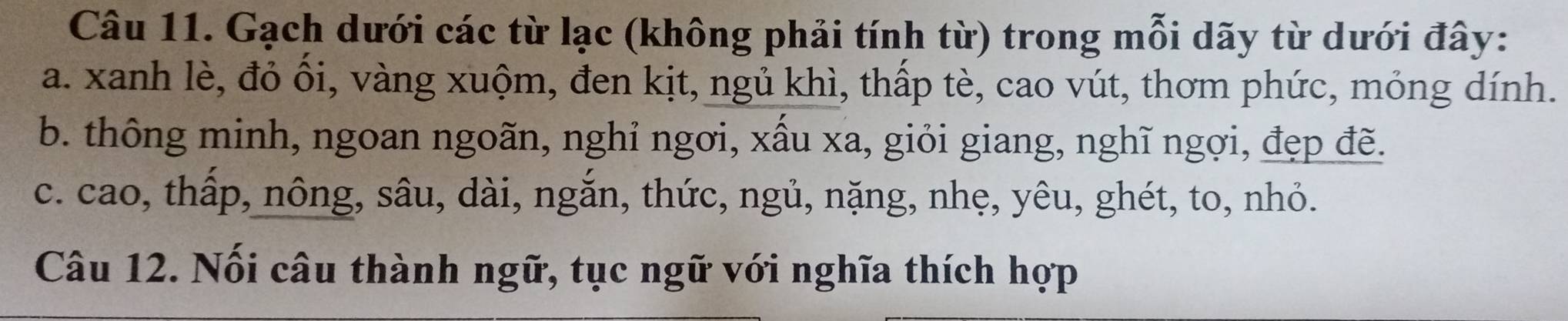 Gạch dưới các từ lạc (không phải tính từ) trong mỗi dãy từ dưới đây: 
a. xanh lè, đỏ ối, vàng xuộm, đen kịt, ngủ khì, thấp tè, cao vút, thơm phức, mỏng dính. 
b. thông minh, ngoan ngoãn, nghỉ ngơi, xấu xa, giỏi giang, nghĩ ngợi, đẹp đẽ. 
c. cao, thấp, nông, sâu, dài, ngắn, thức, ngủ, nặng, nhẹ, yêu, ghét, to, nhỏ. 
Câu 12. Nối câu thành ngữ, tục ngữ với nghĩa thích hợp