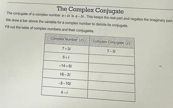 The Complex Conjugate
The conjugate of a complex number a+bi is a-bi. This keeps the real part and negates the imaginary part
We draw a bar above the variable for a complex number to denote its conjugate.
Fill out the table of complex numbers and their conjug