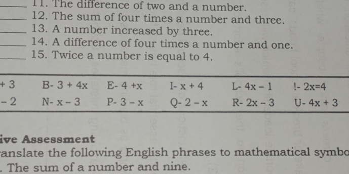 T1. The difference of two and a number.
_12. The sum of four times a number and three.
_13. A number increased by three.
_14. A difference of four times a number and one.
_15. Twice a number is equal to 4.
ive Assessment
ranslate the following English phrases to mathematical symbo
. The sum of a number and nine.