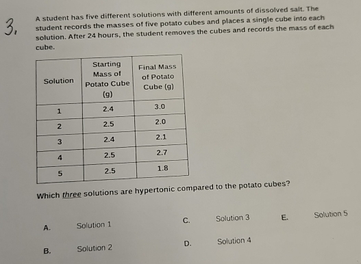 A student has five different solutions with different amounts of dissolved sait. The
student records the masses of five potato cubes and places a single cube into each
solution. After 24 hours, the student removes the cubes and records the mass of each
cube.
Which three solutions are hypertonic compared to the potato cubes?
A. Solution 1 C. Solution 3 E. Solution 5
B. Solution 2 D. Solution 4