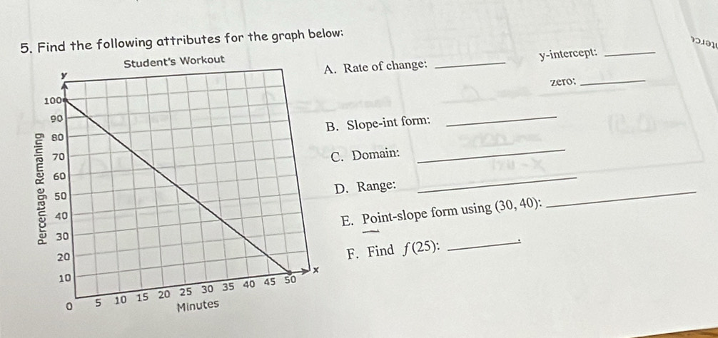 Find the following attributes for the graph below: 
. Rate of change: _y-intercept:_ 
zero:_ 
. Slope-int form: 
_ 
C. Domain: 
_ 
D. Range: 
_ 
E. Point-slope form using (30,40) : 
_ 
. 
F. Find f(25) : _