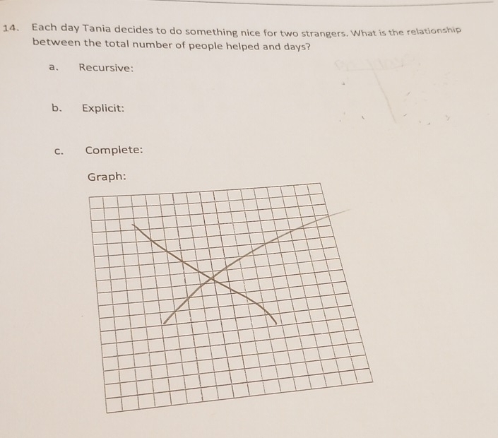 Each day Tania decides to do something nice for two strangers. What is the relationship 
between the total number of people helped and days? 
a. Recursive: 
b. Explicit: 
c. Complete: 
Graph: