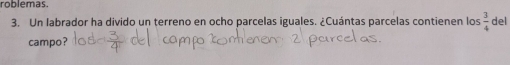 roblemas. 
3. Un labrador ha divido un terreno en ocho parcelas iguales. ¿Cuántas parcelas contienen los  3/4  del 
campo?